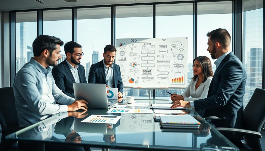 A modern, professional workspace dedicated to strategic planning for SEO in blogging. In the foreground, a diverse group of three professionals—two men and one woman—are engaged in a discussion around a sleek glass table. They are dressed in business casual attire, examining colorful charts and graphs on a laptop and printed papers. In the middle, a whiteboard filled with flowcharts and keywords related to SEO strategies for blogs adds an educational element. The background features a large window showing a city skyline, letting in natural light that creates a bright, optimistic atmosphere. Soft shadows enhance the depth, while the wide-angle view captures the collaborative spirit of modern content strategizing. The overall mood is focused, innovative, and dynamic, inviting viewers into the world of strategic SEO planning for blogs.
