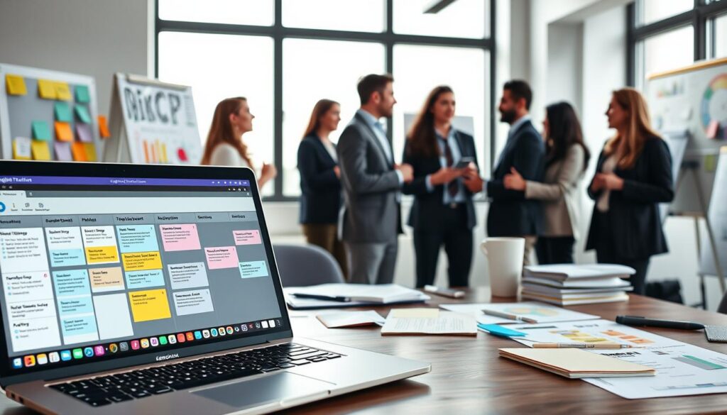A modern workspace scene showcasing agile development tools and frameworks. In the foreground, a sleek laptop displays a vibrant Kanban board filled with task cards. To the sides, an array of digital tools, such as sticky notes, a whiteboard with flowcharts, and colorful charts, illustrating collaborative efforts. In the middle ground, a diverse group of professionals in business attire are engaged in a brainstorming session, exchanging ideas actively. The background features a large window with natural light streaming in, illuminating the space and creating a productive atmosphere. The overall mood is dynamic and innovative, reflecting the essence of agile methodologies. The composition should emphasize clarity and organization, enhancing focus on the tools and teamwork involved in digital entrepreneurship.